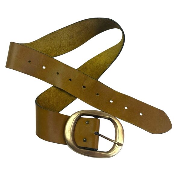 vintage Tan Soft Leather Wide Belt S Brass Buckle Western Classic Heritage Prep - Picture 2 of 12